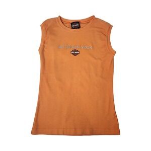 Harley-Davidson Sturgis 2004 Orange Rhinestone Sleeveless Muscle Tee Womens M